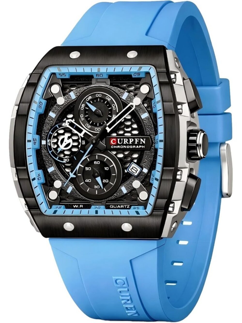 Stylish Men's Chronograph Watch, Large Face, Tonneau Case, Durable Rubber Strap